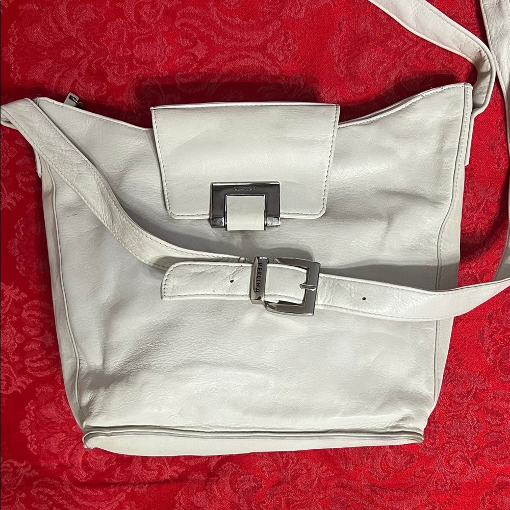 Perlina Cream Ivory Genuine Leather Crossbody Shoulder Bag Silver Hardware